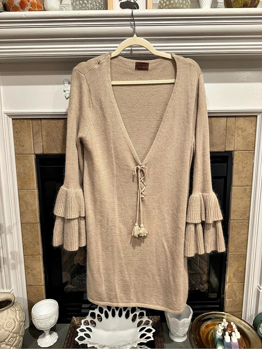POL Beige Lace-Up Bell Sleeve Tunic Dress Large NWOT